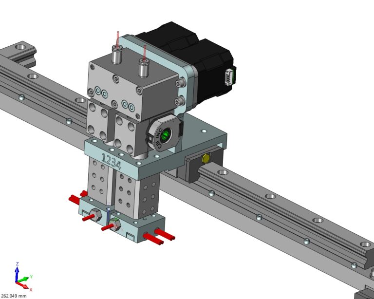 Die Konstruktion zeigt das Konzept einen 3D-Dual-Druckkopfs mit Direct Extruder, integriertem Feedratesensor und Wasserkühlung. Diese Komponenten sorgen für präzise Materialzufuhr und eine effiziente Kühlung während des Druckprozesses.