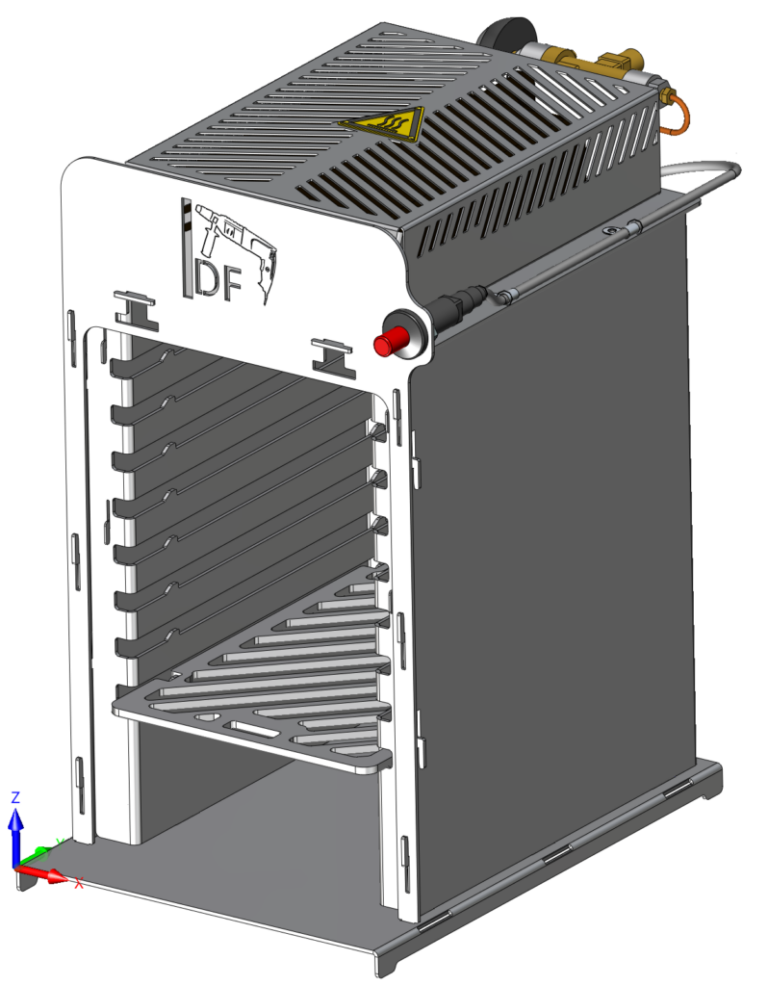 Das Bild zeigt die detaillierte 3D-Konstruktion eines Oberhitzegrills in modularer Bauweise, dazu wurden zugehörigen Fertigungszeichnungen und Blechabwicklungen erstellt. Die Konstruktion ermöglicht einen steckbaren Aufbau, sodass der Grill ohne den Einsatz von Werkzeugen einfach zur Reinigung zerlegt werden kann. Der modulare Aufbau und die präzise Gestaltung der Bauteile gewährleisten sowohl Stabilität als auch Benutzerfreundlichkeit bei der Montage und Demontage.